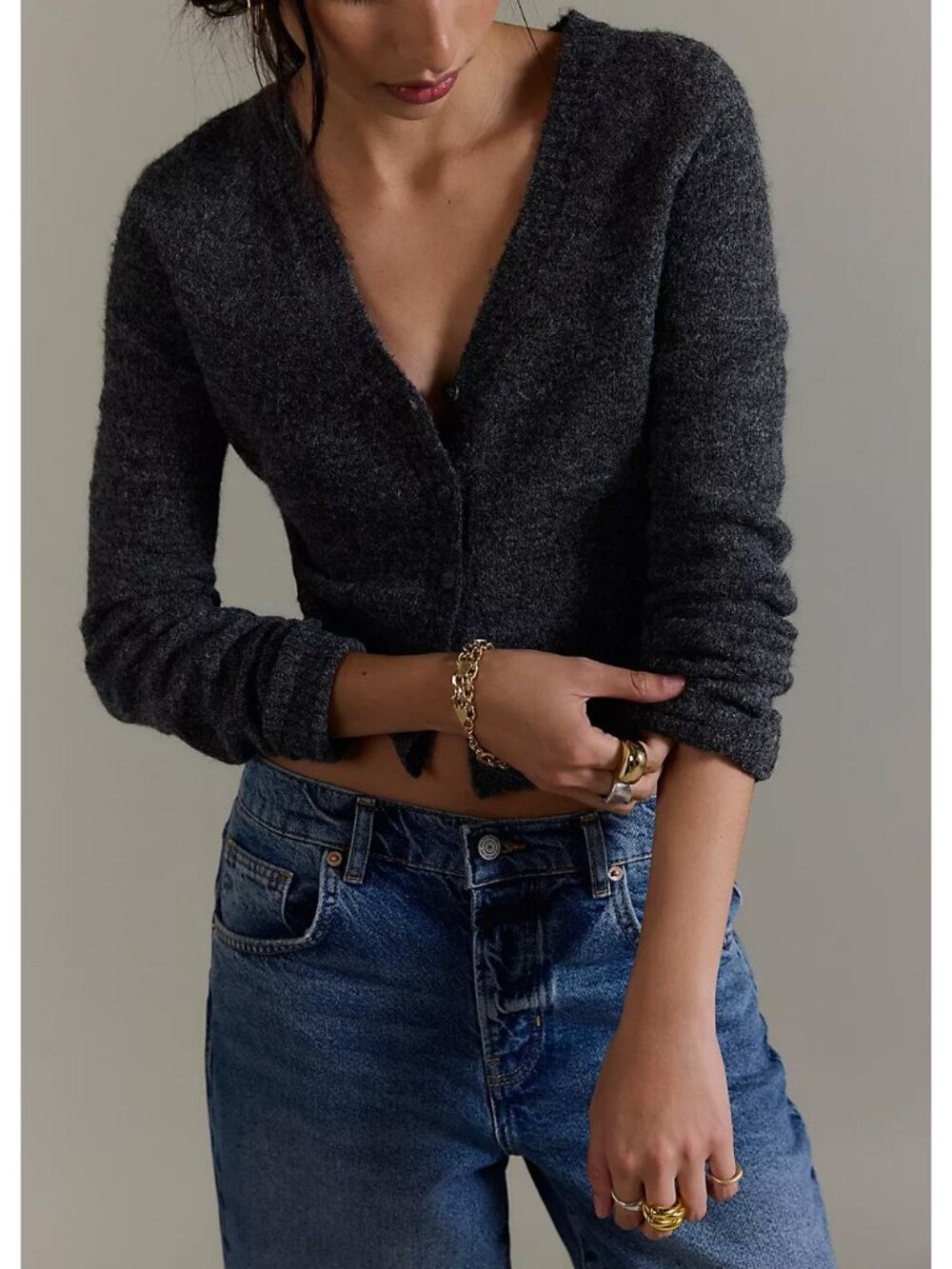 🆕 FREE PEOPLE School Girl SoftSpun Cardi / Charcoal Heather - Picture 2 of 13